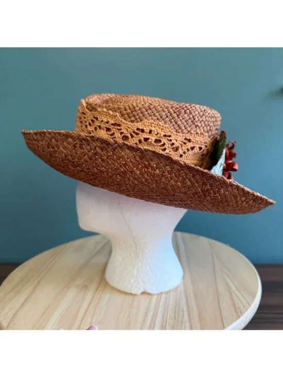 Vintage 1990s Womens Woven Straw Hat W/ Crochet Band & Faux Sunflower 22.5" or L - Picture 9 of 10